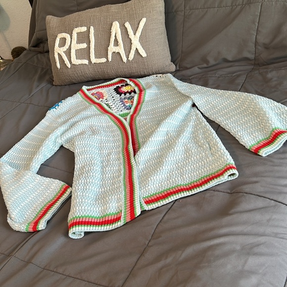 SHEIN Light Blue Knit Sweater Granny Square Crochet S NEW Striped Cardigan - Picture 8 of 10